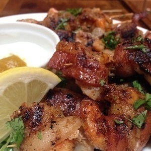 Dynamite bacon wrapped shrimp with lemon creme fraiche